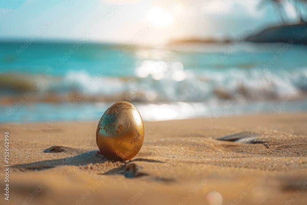 A Mysterious Easter Egg Half-Buried in the Golden Sands of a Serene Beach, Waiting to be Discovered by an Adventurous Soul A Mysterious Easter Egg Half-Buried in the Golden Sands of a Serene Beach, Waiting to be Discovered by an Adventurous Soul
