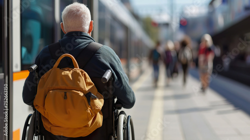 Mature man in wheelchair waiting for public transport at station photo