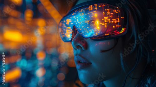 A virtual reality headset worn by a person with projections of financial data and projections in front of them highlighting the use of technology and simulations in financial © Justlight