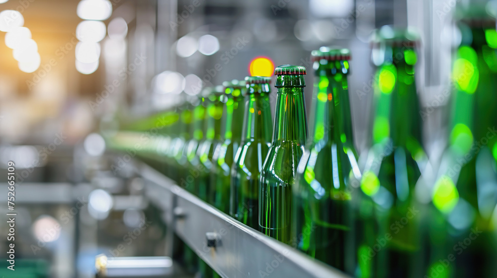 Green Beer Bottles on Production Line in Brewery