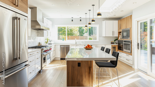 contemporary open-concept kitchen with clean lines, stainless steel appliances, and quartz countertops
