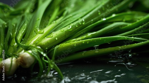 Fresh green onions with water drops on black background.