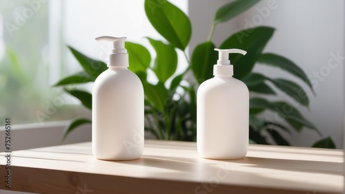 white bottle of lotion stands on the table next to the plant. minimalist design