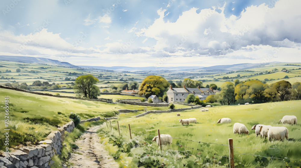 Serene Pastoral Landscape with Sheep and Farmhouse