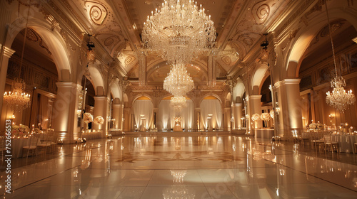 A glamorous ballroom wedding hall with crystal chandelier photo