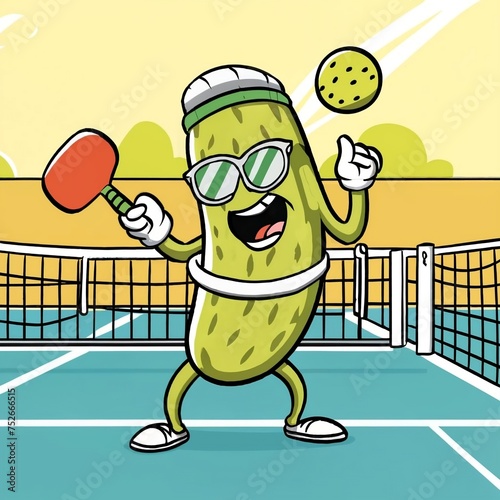 illustration of pickle wearing sweatband and sports sunglasses is playing pickleball in a court with paddle and ball