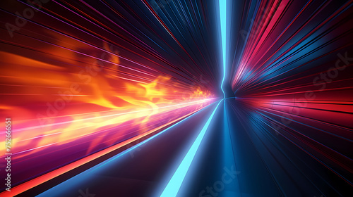 Car lights leave traces in tunnel, concept of speed and movement