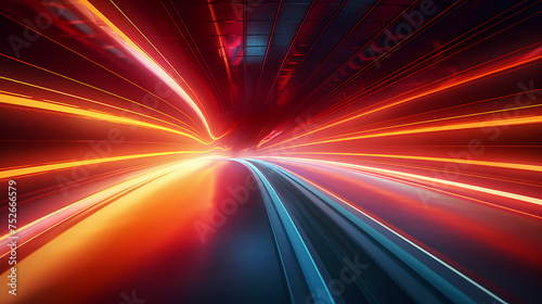 Car lights leave traces in tunnel, concept of speed and movement