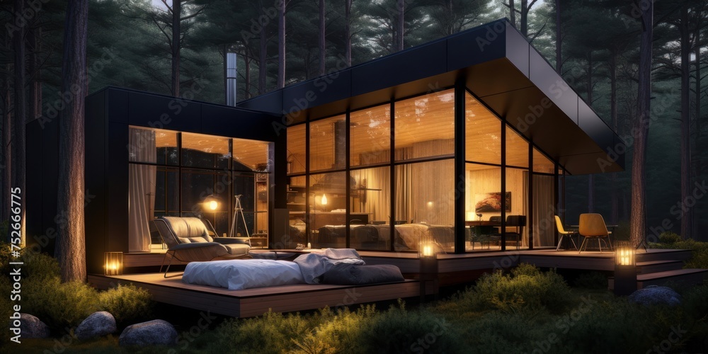 Modern luxury villa exterior in minimal style for luxury glamping. Glass cottage in the woods at night. Modern cabin house in deep forest. Generative AI 