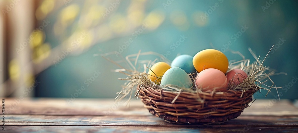 Easter painted eggs in the basket on wooden rustic table, negative space - obrazy, fototapety, plakaty 