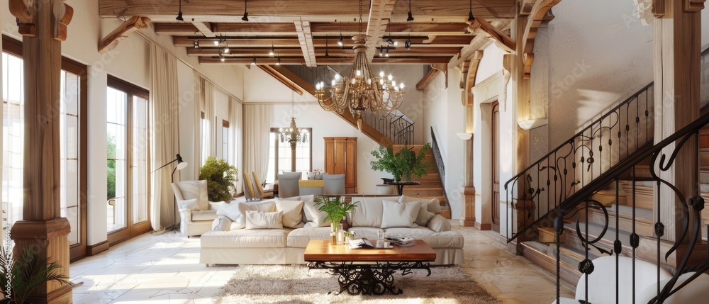 living room interior with high ceilings wooden beams comfortable ...
