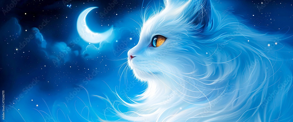 Mesmerizing Angora Cat, Heterochromatic Azure & Golden Eyes, Night Sky of Twinkling Stars & Crescent Moon 🌙