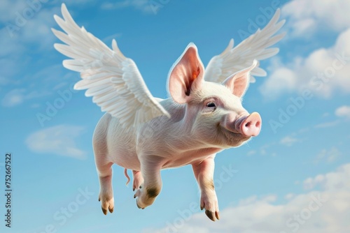 Flying Pig Against Blue Sky. When Pigs Fly Concept