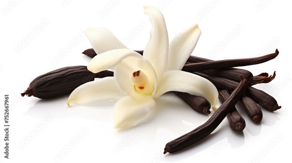 Vanilla pods and flower isolated on white background. - obrazy, fototapety, plakaty 