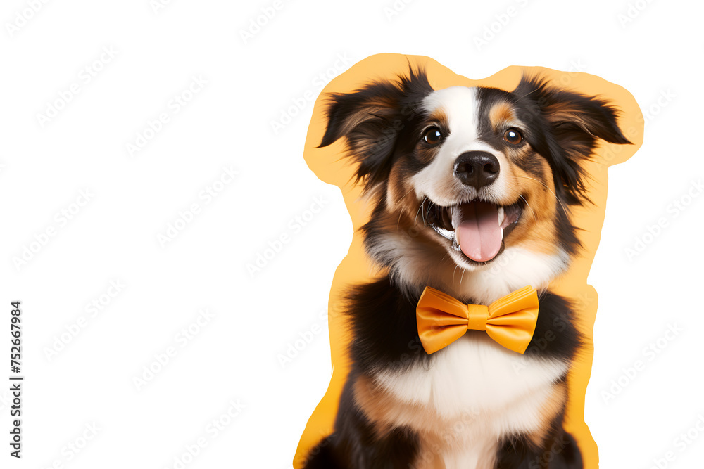 Beautiful dog with a bow tie. Animal portrait. dog in stylish clothes. orange background