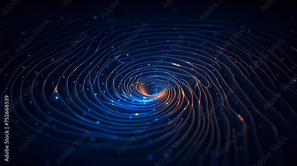 Holographic quantum vortex, shimmering particles spiraling through three-dimensional blue space