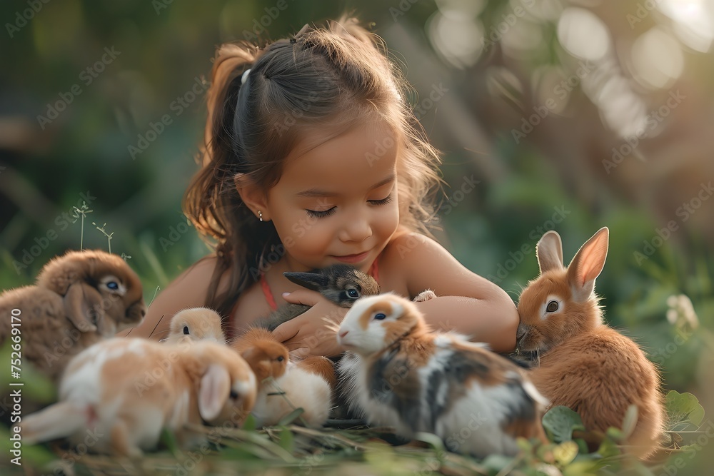 Girl Enjoying Petting Rabbits in Her Garden, To showcase the joy and ...