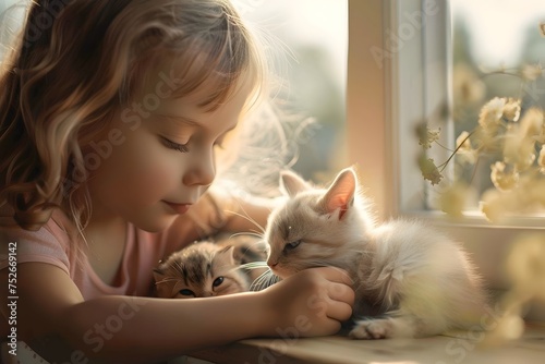 Girl Sitting Next to Window, Touching Two Kittens, To convey a sense of warmth, comfort, and child-like innocence through the depiction of a young