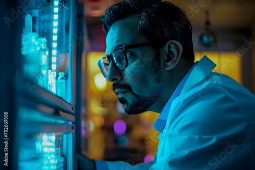 Scientist Examining Fluorescent Storage Units, To convey a sense of scientific discovery and innovation in a futuristic setting