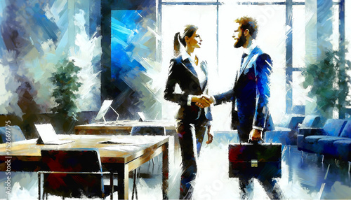 business man and woman shaking hands wearing office clothing suits, painterly illustrative style