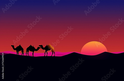 Silhouette of Arab with camel at sunrise