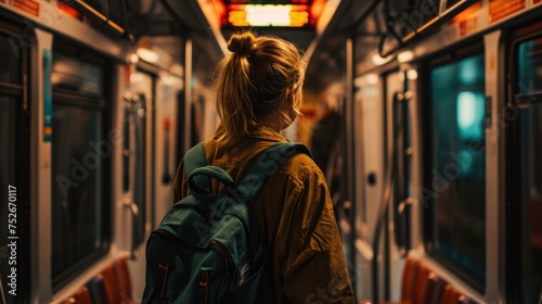 A woman with a backpack on a subway train. Generative AI.
