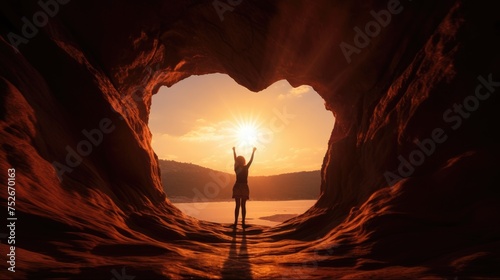 woman standing in a cave and looking at sunset. photo