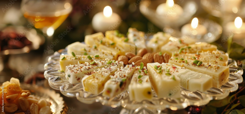 A plate of dainty and delicate dry fruit and nut snacks such as kaju katli and pista rolls perfect for enjoying with a cup of hot cardamominfused chai on a crisp Diwali evening. A plate of dainty and delicate dry fruit and nut snacks such as kaju katli and pista rolls perfect for enjoying with a cup of hot cardamominfused chai on a crisp Diwali evening.