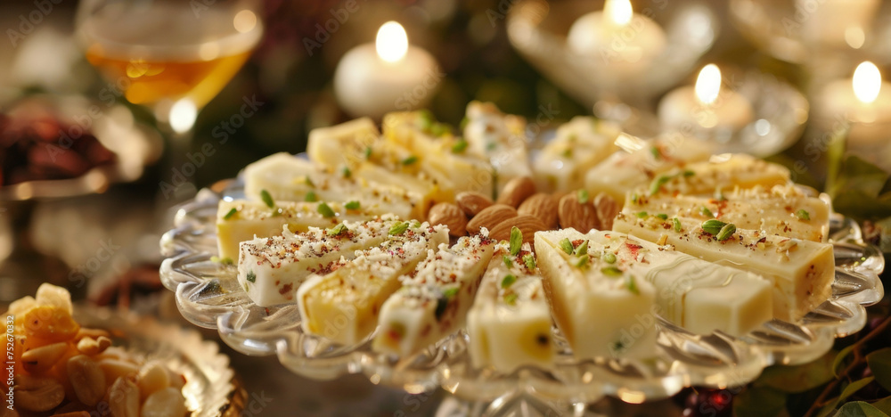 A plate of dainty and delicate dry fruit and nut snacks such as kaju katli and pista rolls perfect for enjoying with a cup of hot cardamominfused chai on a crisp Diwali evening.