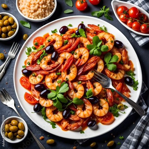 Shrimp, olives, tomatoes, herb salad