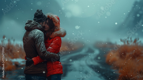 A couple sharing a warm embrace in a snowy landscape, wearing vibrant winter clothes, capturing a moment of love in a cold setting.
