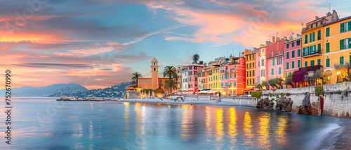 Warm Sunset Behind Beautiful Italian Cityscape on The Coast © Chich