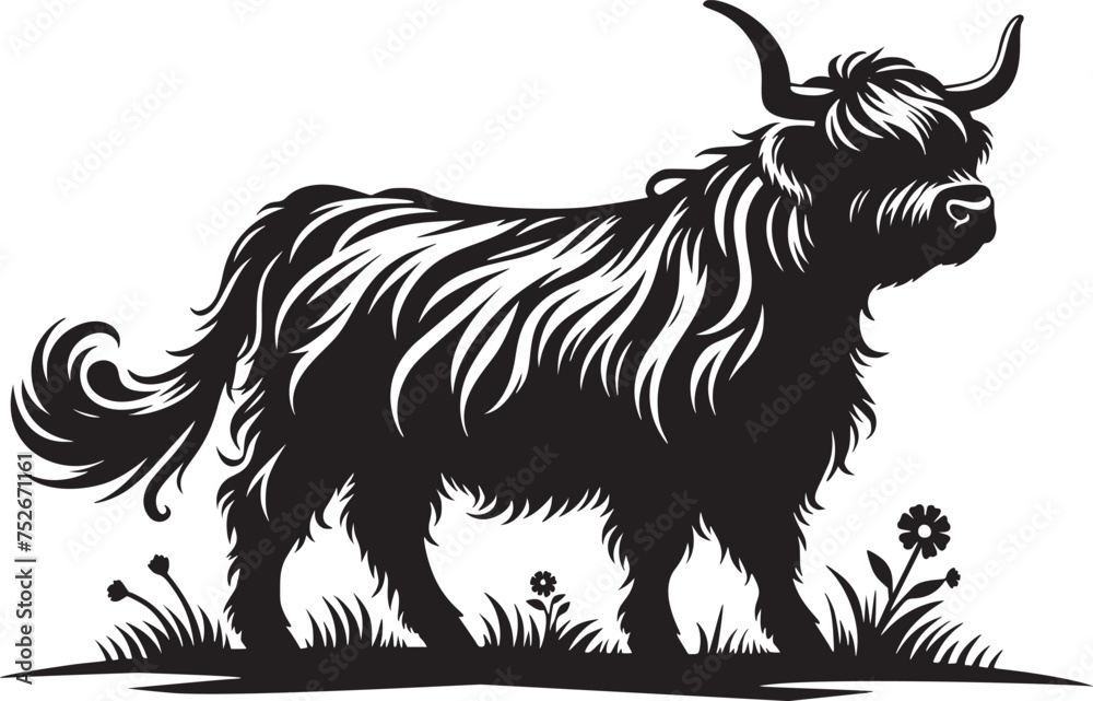 Highland Cow in Monochrome Vector Art