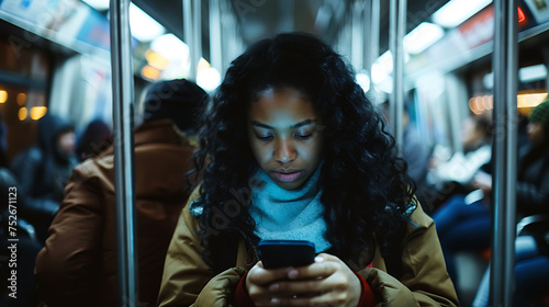 Uma jovem mulher no metrô retrato da rotina cansativa durante o horário de pico com destaque para a serenidade em meio à agitação photo