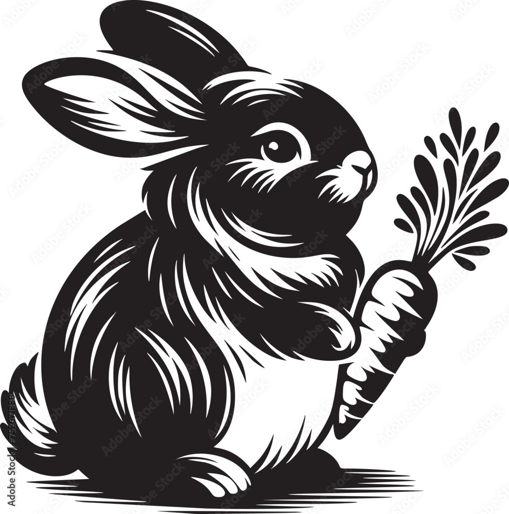Chubby Bunny with Carrot in Black and White Vector Art Chubby Bunny with Carrot in Black and White Vector Art