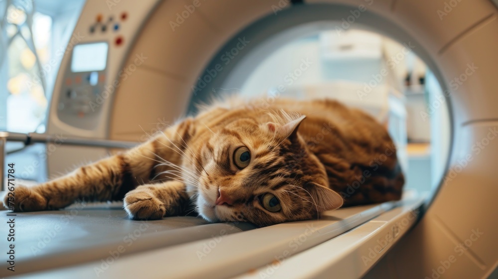 Cat lying on table before scanning in MRI equipment in veterinary clinic. Generative AI. - obrazy, fototapety, plakaty 
