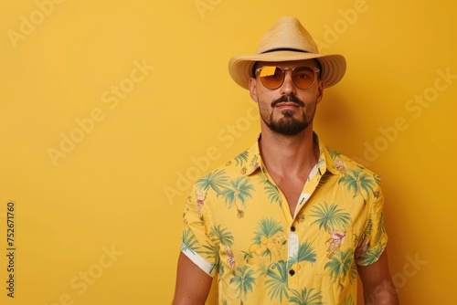 A man wear summer fashion in yellow background. Generative AI. © Dusit