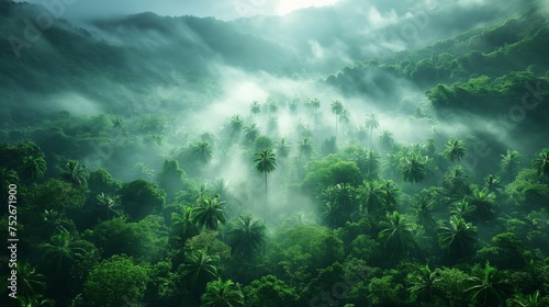 Lush green tropical rainforest landscape with misty mountains at dawn. Foggy morning at rainforest. © Pro Hi-Res