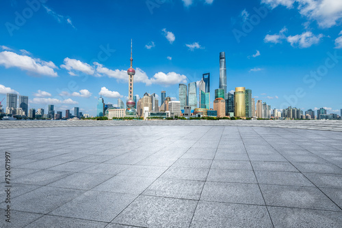 Empty square floor and city skyline with modern buildings scenery in Shanghai