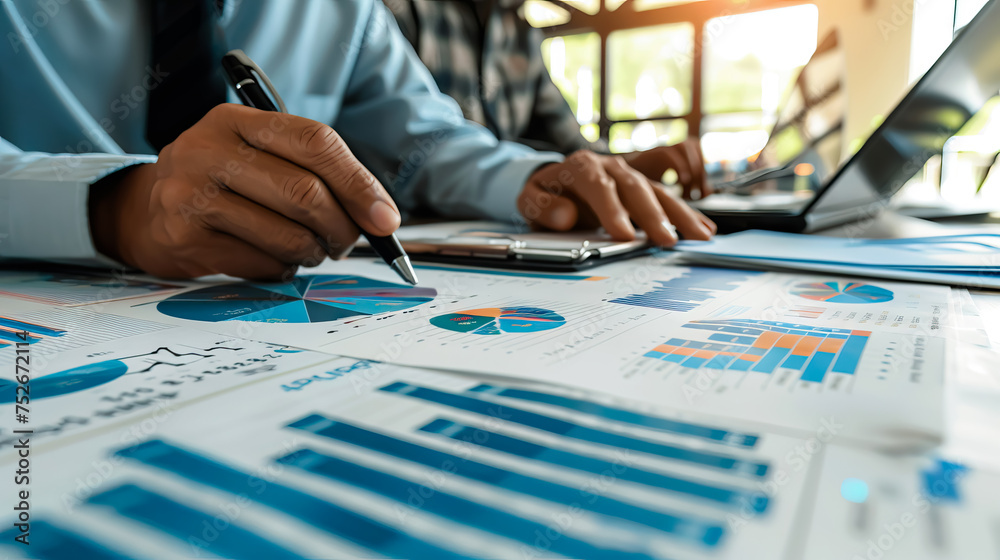 Skilled male students learning financial literacy from analytic documents for analyzing information and research results on modern laptop computer with copy space - AI Generated
