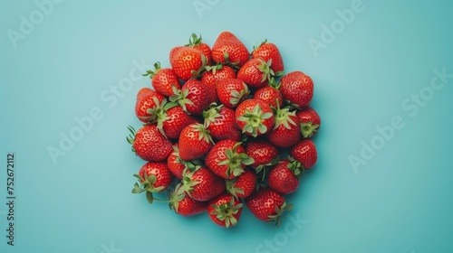 Fresh red strawberries pile on background, top view of delicious juicy berry fruits
