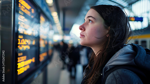 Em meio à agitação Jovem mulher na estação de trem com sinais direcionais e passageiros em movimento photo