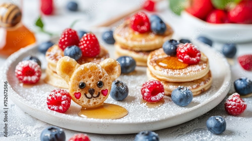 Cute tiger face pancake with berries and honey on white plate, kids breakfast concept   copy space