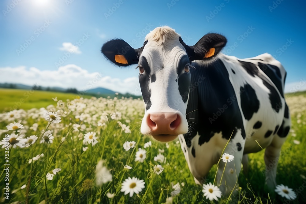 A crazy funny spotted black and white cow looks at the camera and laughs on a green meadow with flowers under a blue sky on a sunny summer day. Copy space. Organic dairy product concept