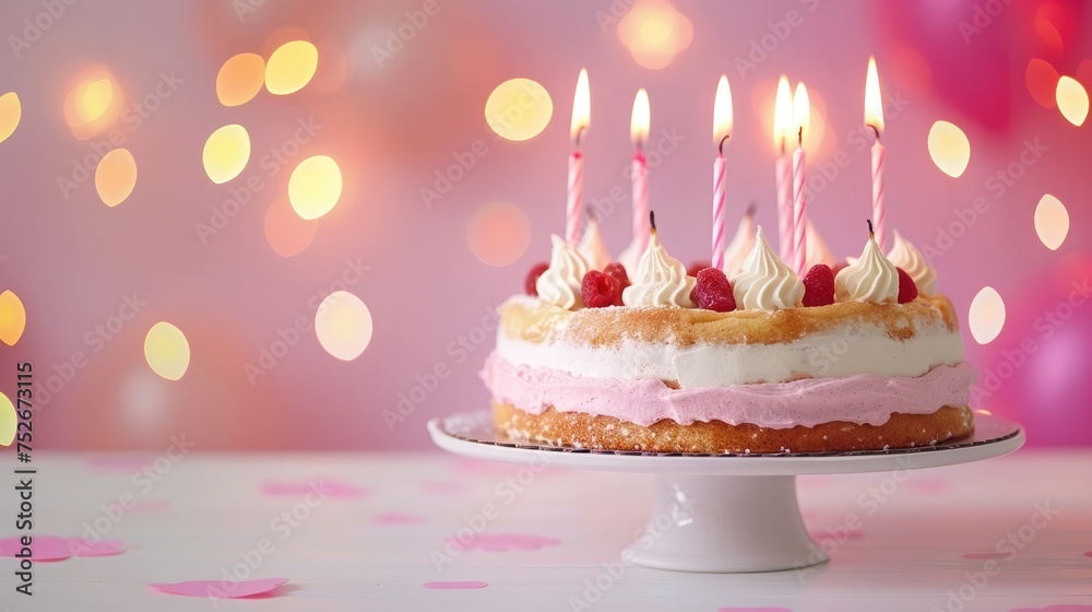 Birthday cake with burning candles on pink background with bokeh . Birthday cake with burning candles on pink background with bokeh .