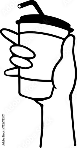 Vector illustration of hands holding coffee cup, to go, take away, outline strokes isolated elements.
