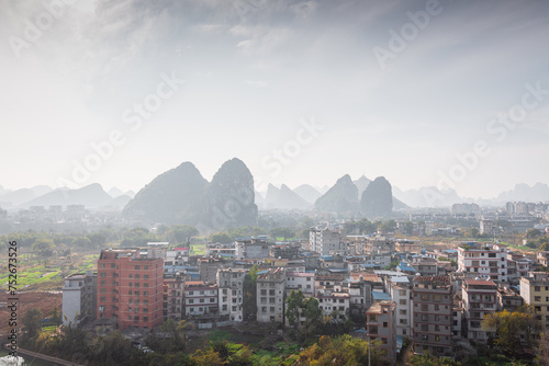 City buildings and mountains scenery in Guilin, Guangxi, China