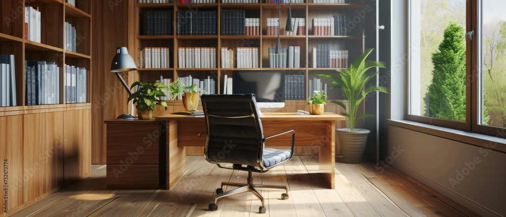 Simple office room interior with wooden desk, storage cabinet and bookshelf