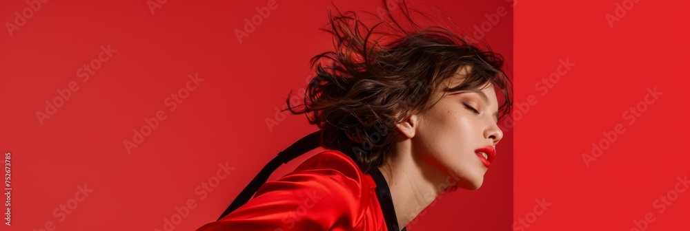 Naklejka premium Dynamic woman with flowing hair - Dramatic image of a woman with a red dress and flowing hair in motion on a red background