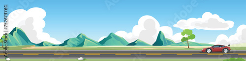 Travels of sport car with driving rae for banner. Asphalt road near the meadow with spring tree and complex mountain ranges. Under clear sky and white clouds. Copy Space Flat Vector.